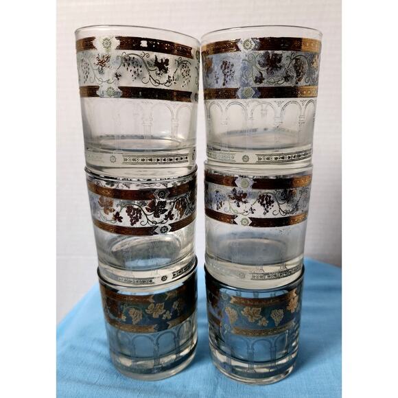 Set of 6 Hollywood Regency CERA Flat Bar Glasses Golden Grape Roman Arch MCM - Picture 2 of 4